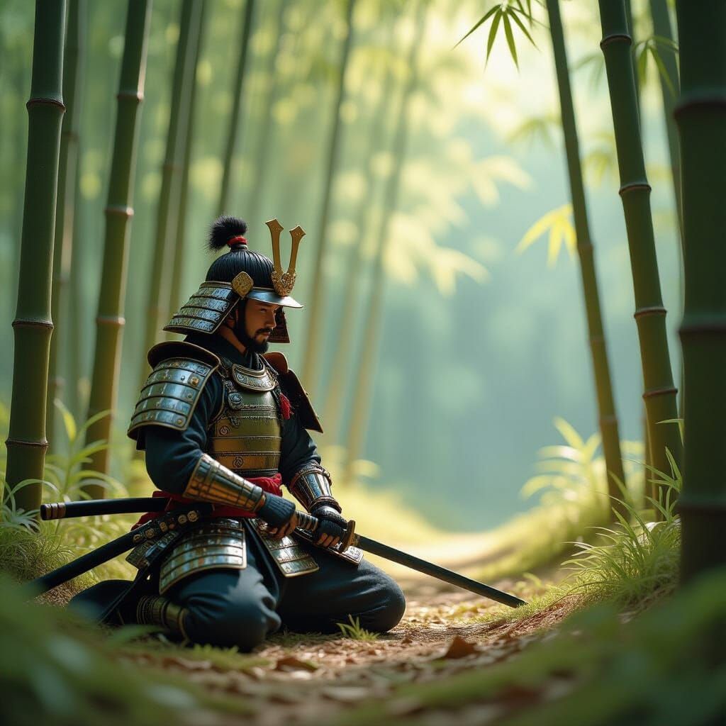 Miniature Samurai in Bamboo Forest, Japanese Art Style