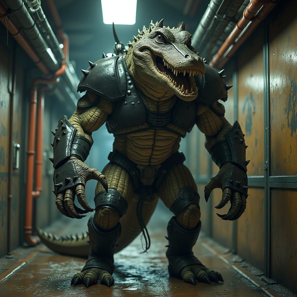 Reptilian Warrior in Futuristic Corridor