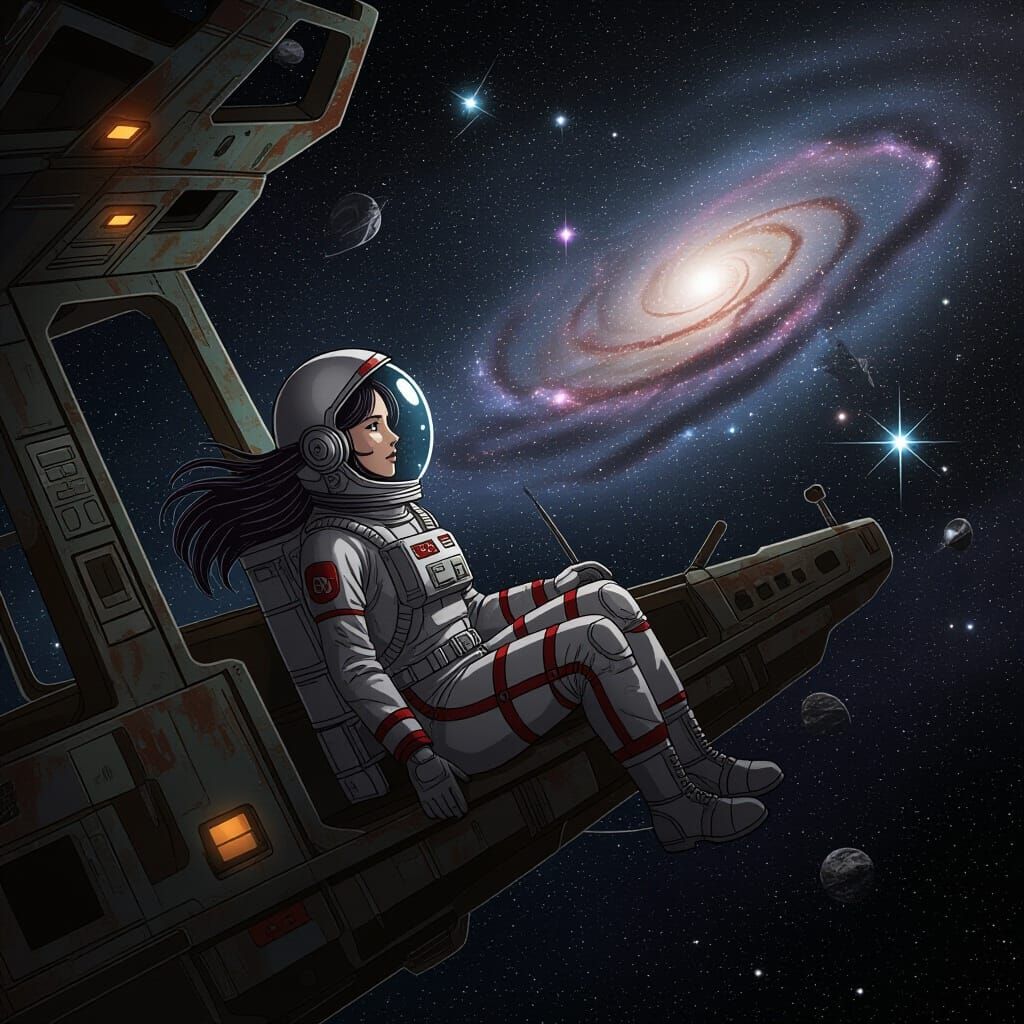 Astronaut Adrift Near Ancient Spaceship in Cosmic Fantasy St...