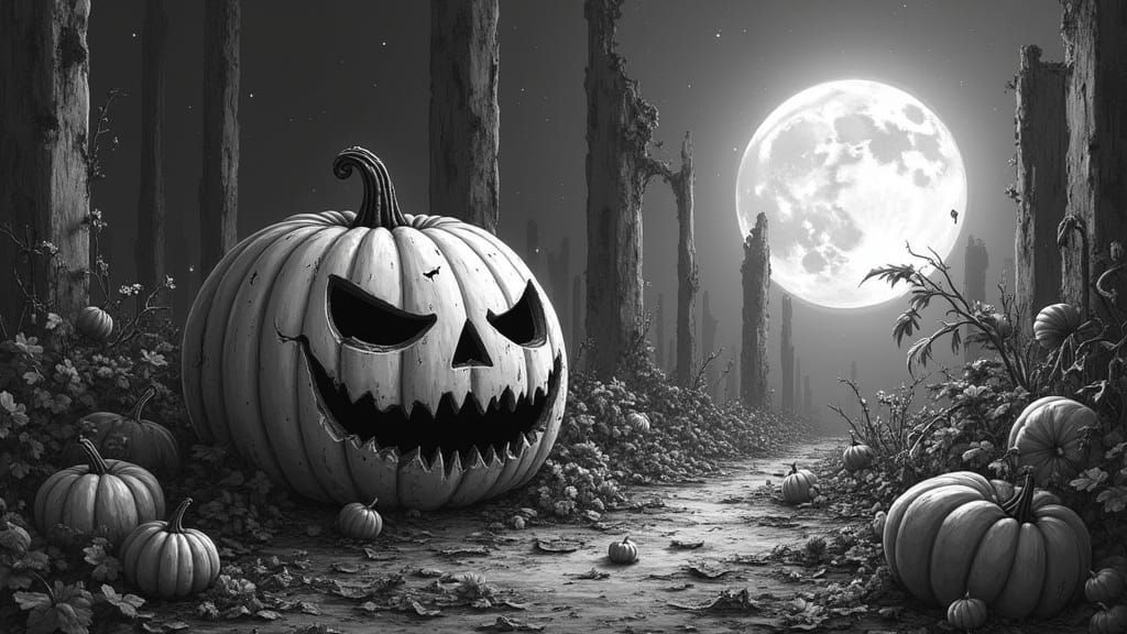 Decaying Jack-o'-Lantern in Moonlight Ruins