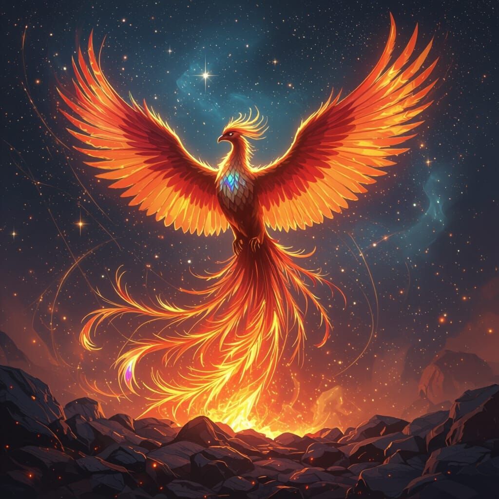 Majestic Phoenix Rises From Embers in Cosmic Nebula