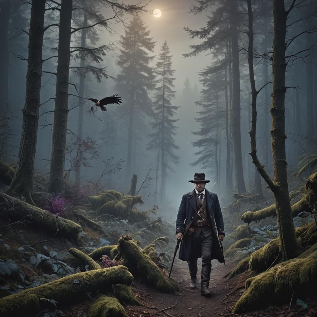Bavarian Hunter in Misty Forest, Dark Fantasy Art