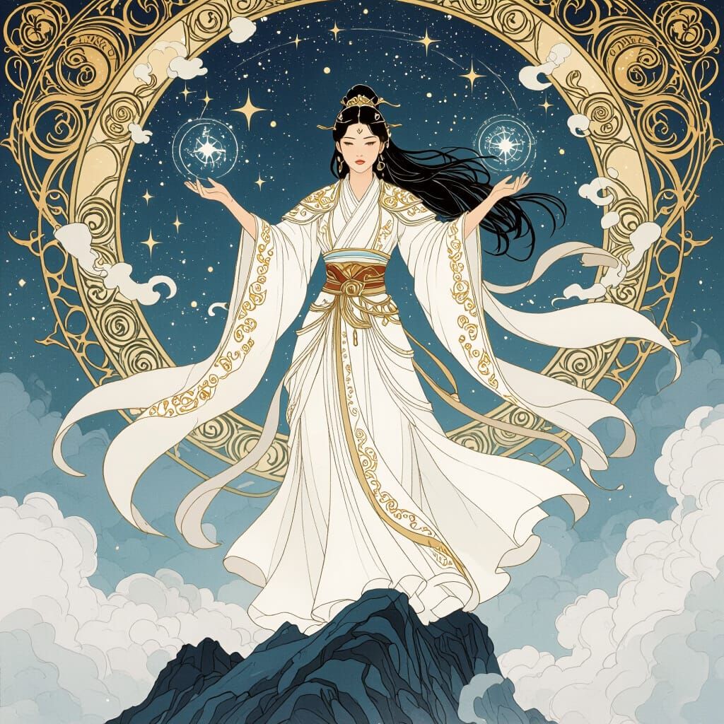 Celestial Warrior Unleashes Mystical Energy, Asian Ink Art