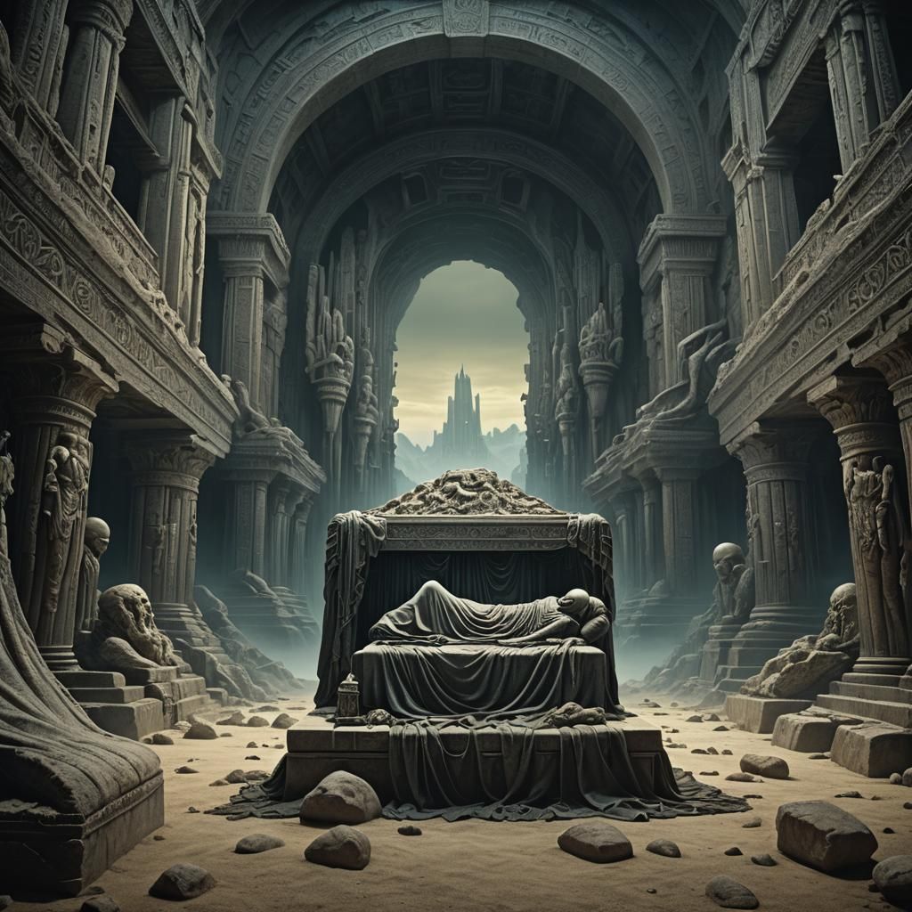 Boundless Dreamscape with Serene Figure in Stone Sarcophagus