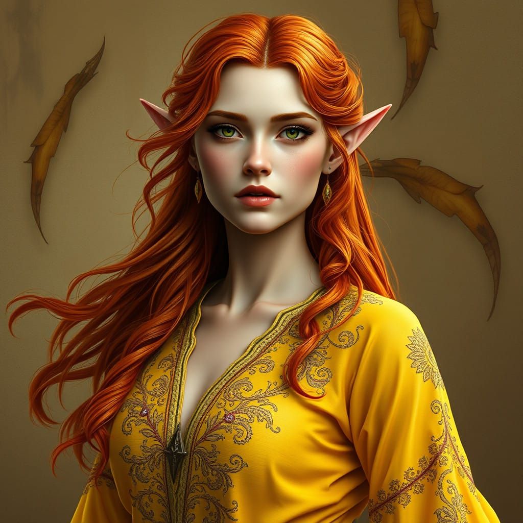 Vibrant Sun-Kissed Elf Woman in Golden Attire