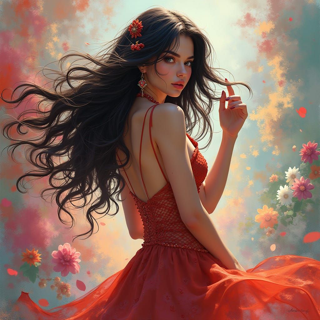 Elegant Woman in Vibrant, Whimsical World