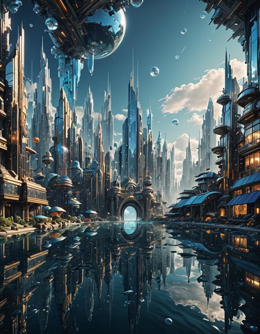 Futuristic Crystal City in Ocean: Detailed Matte Painting