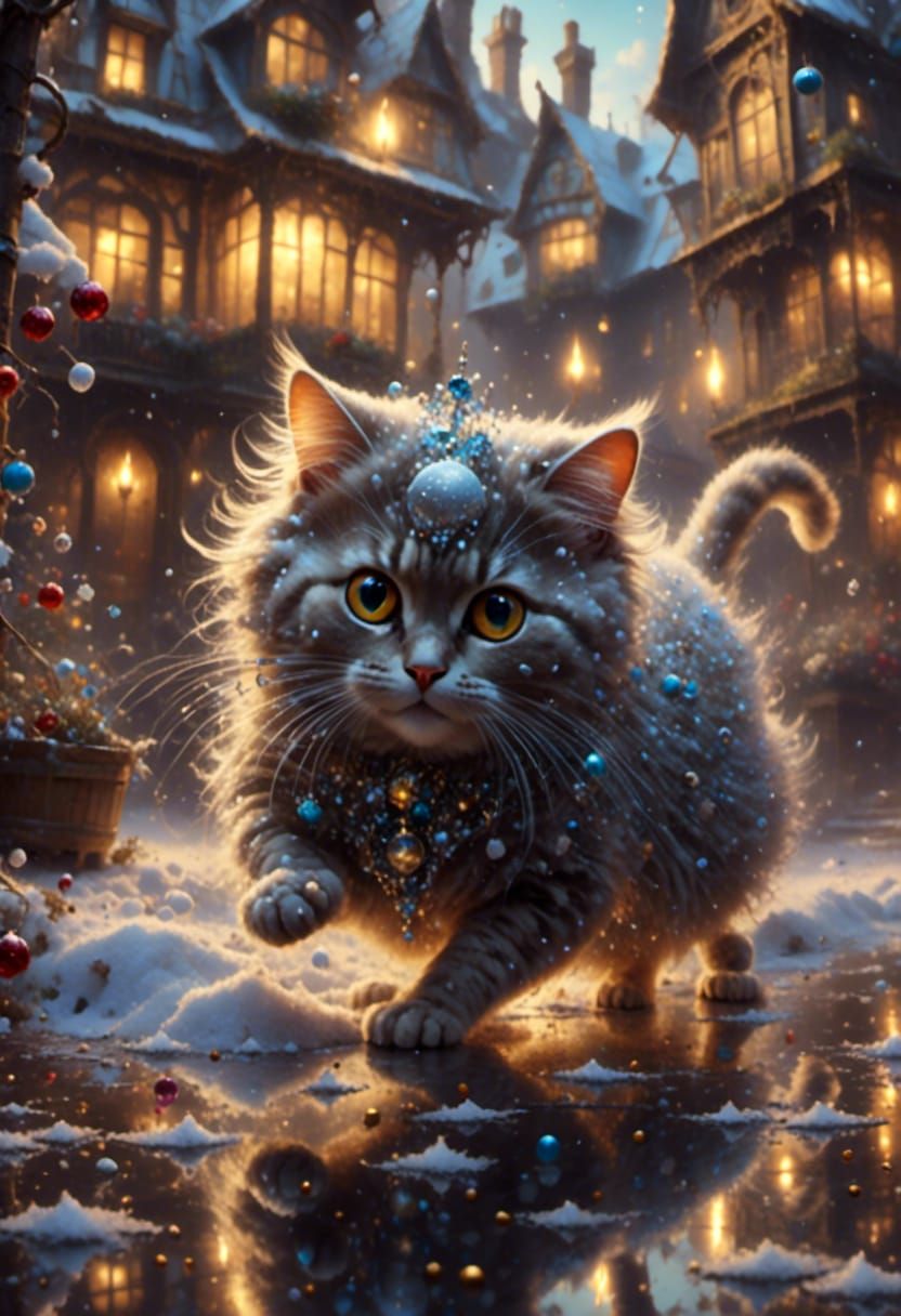 Snowy Cat and Mouse in Purple Fantasy Style