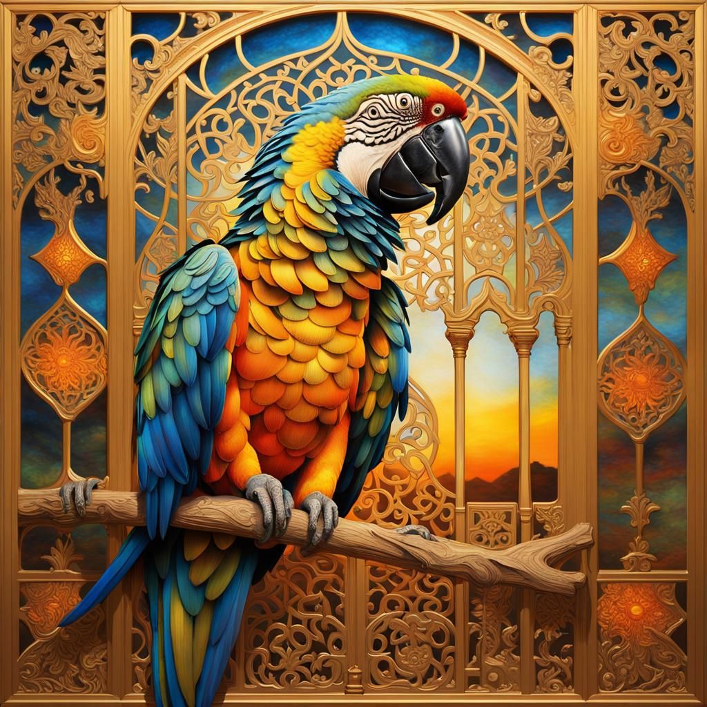 Macaw in Golden Cage at Sunset, Klimt Style