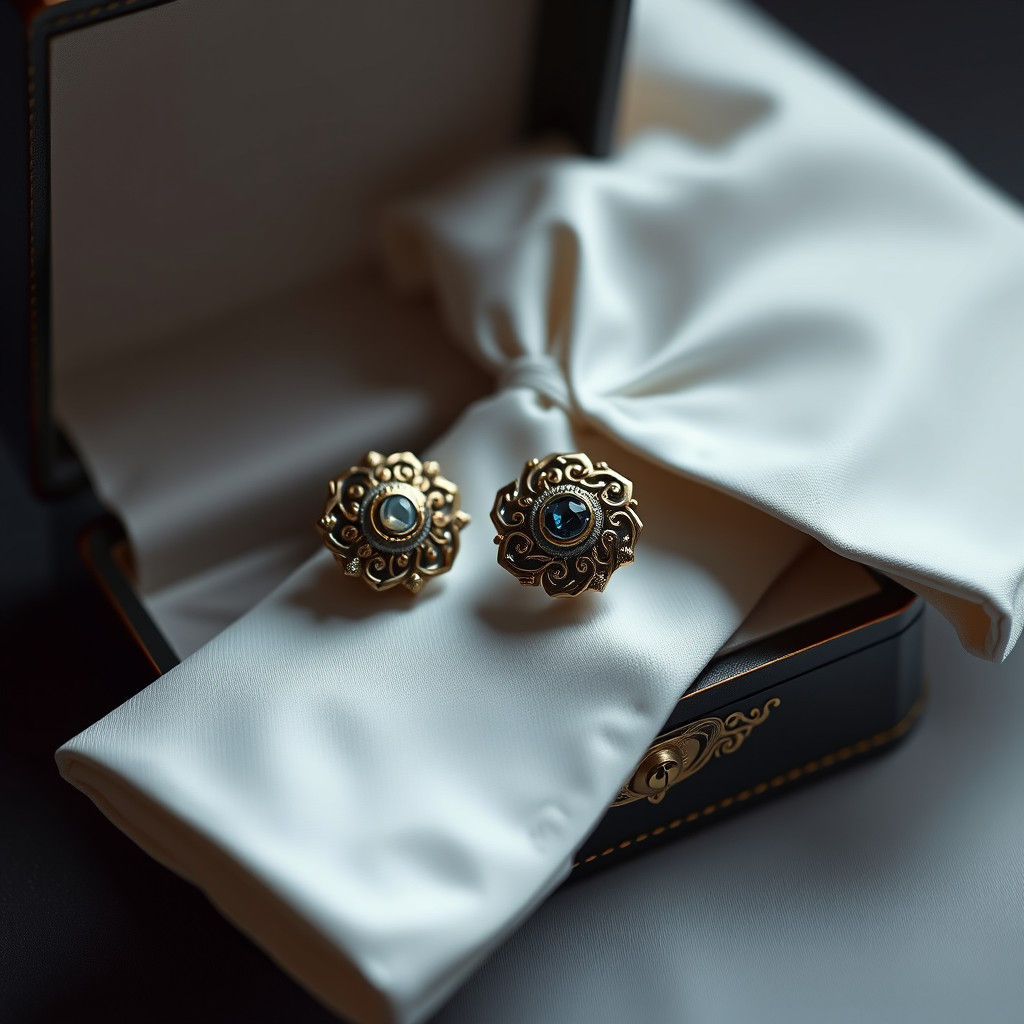 Ornate Cufflink Set in Luxurious Box, Matte Painting