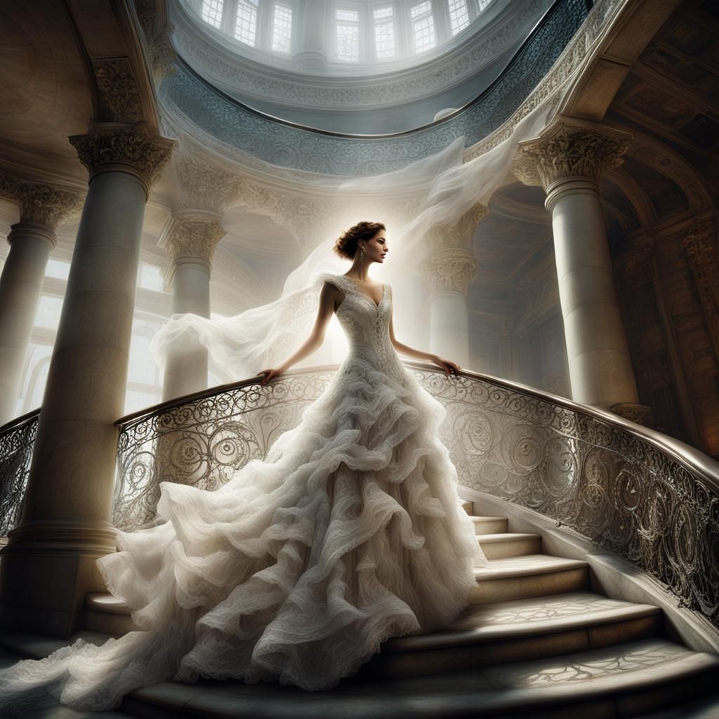 Woman Ascending Staircase in Ethereal Gown