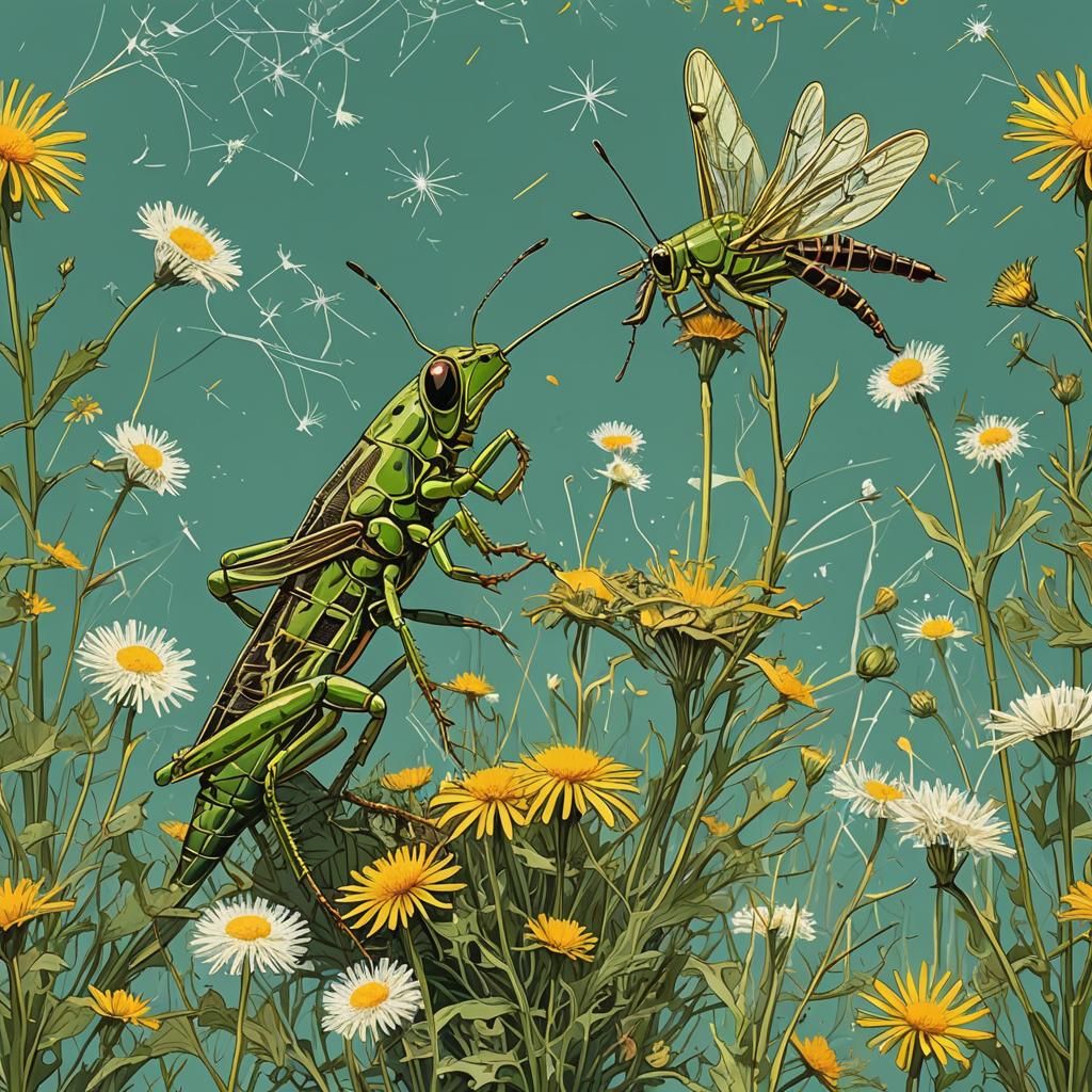 Grasshopper, Toad, and Dandelion in Abstract Art