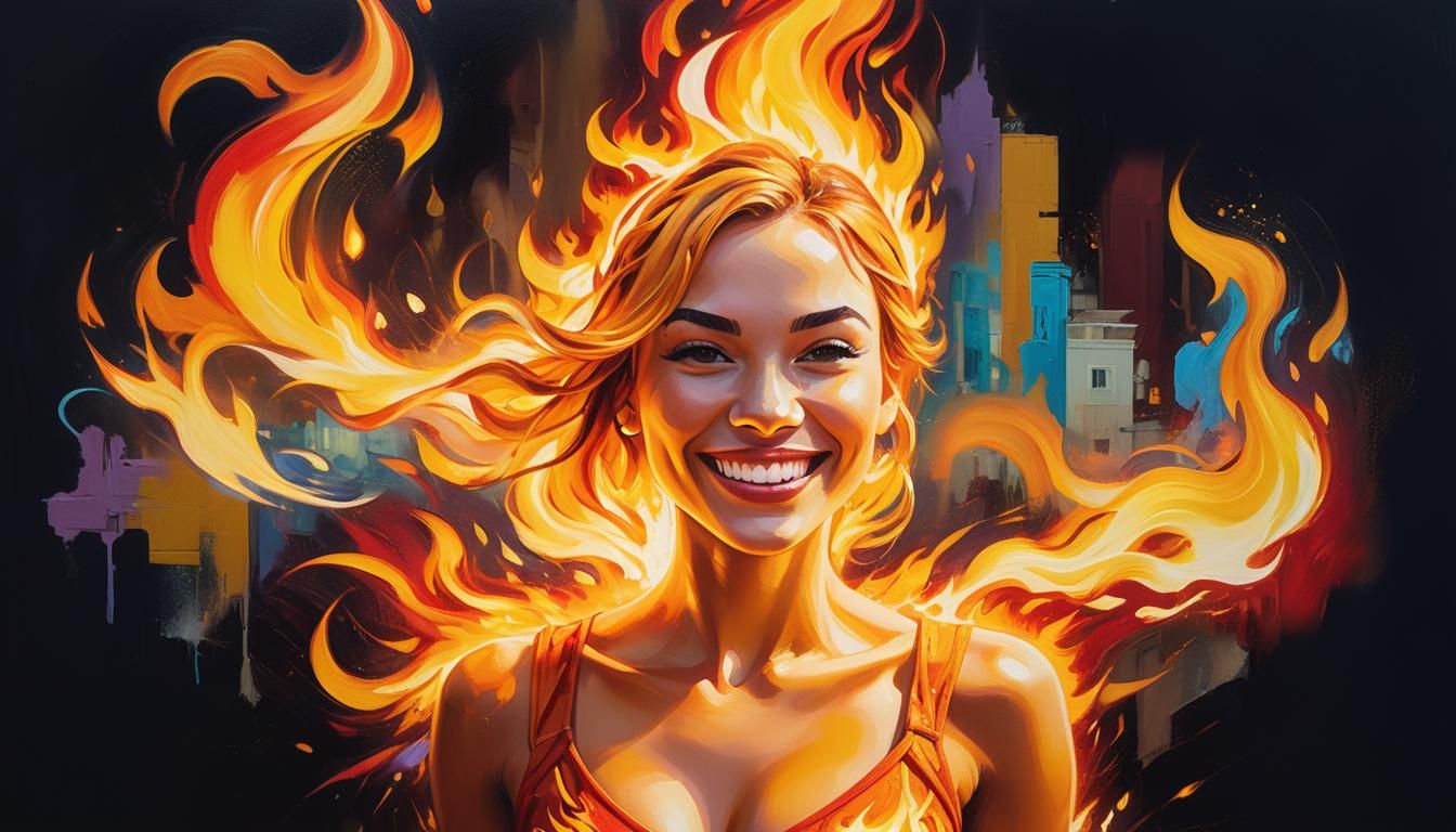 3/4 A smile super modern fire-girl made from flames, creating a magical scene with fire grafity in backgroud.