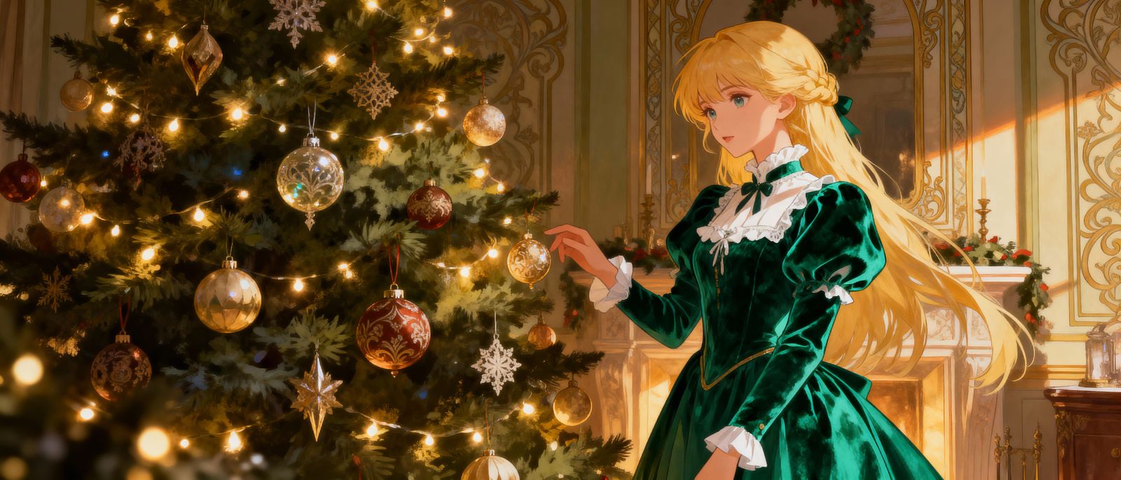 Anime Girl in Victorian Dress by Christmas Tree