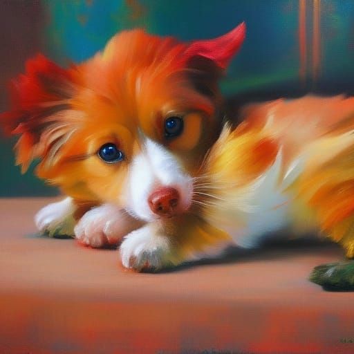 Cute Fluffy Dog Portrait in Impressionist Style