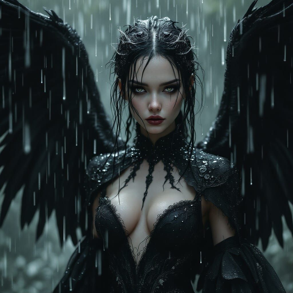 Androgynous Winged Figure in Rain, Gothic Style