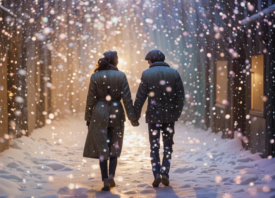 Iridescent Snowflakes Fall on Young Couple