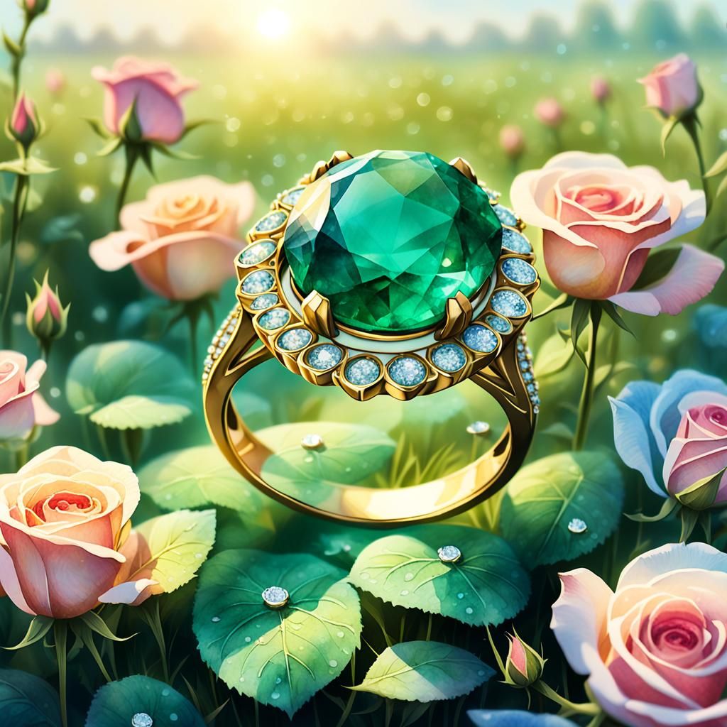 Emerald Ring in Rose Garden: Watercolor Art Nouveau
