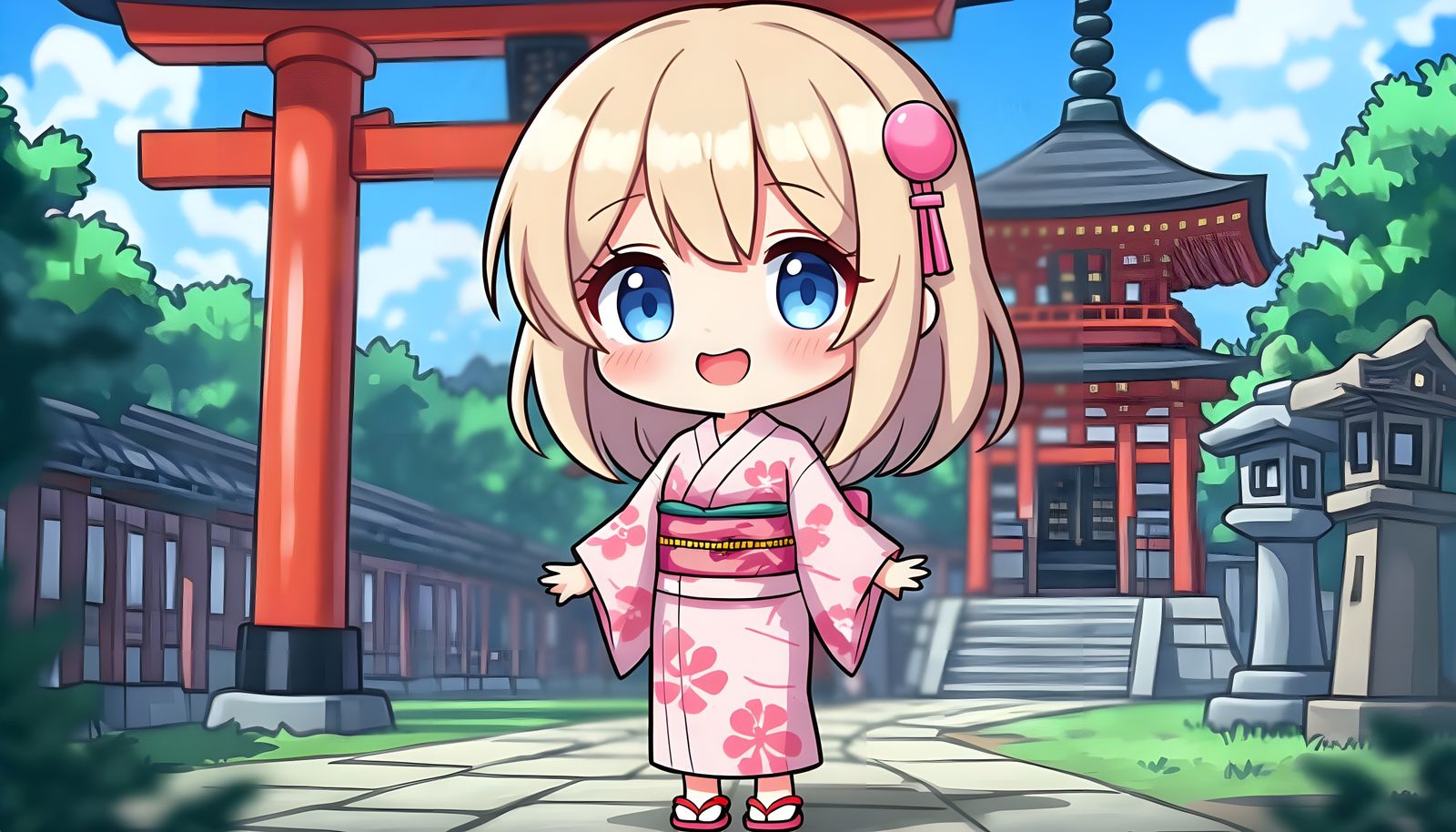 Anime Girl in Kimono at Retro Gaming Temple