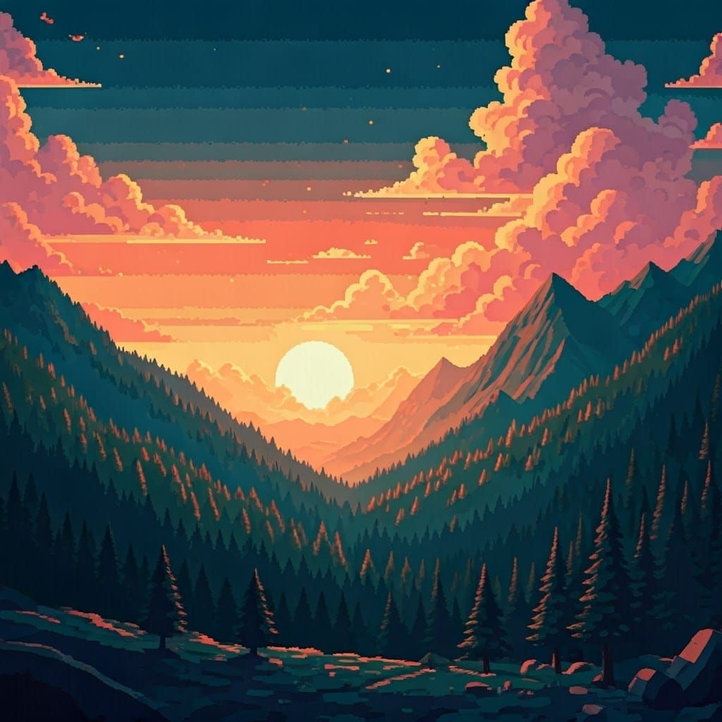 Vibrant Pixelated Sunset Landscape in Pointillism Style