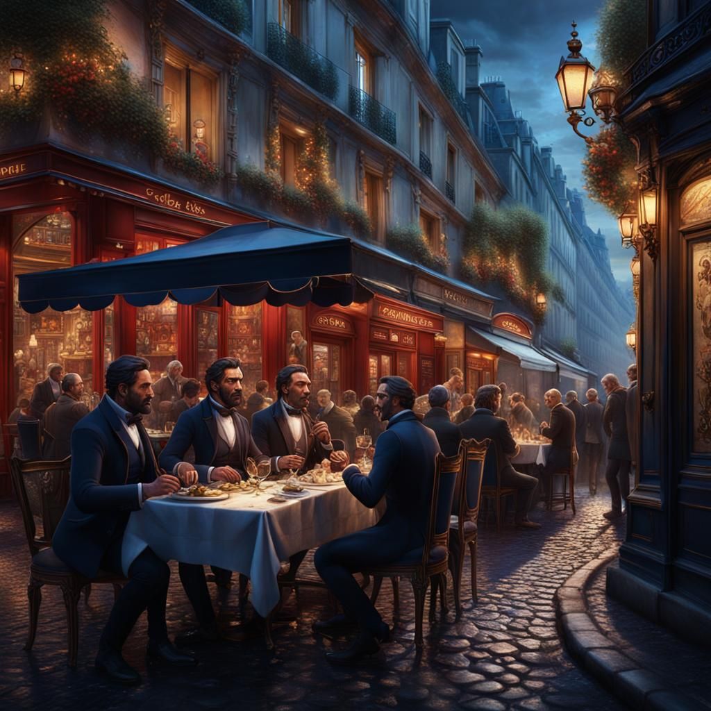 Men Dining in Paris: Detailed Matte Painting