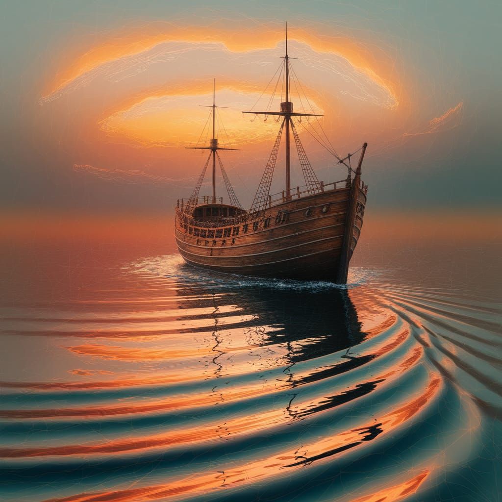 Serene Ship on Reflective Water in Shimmering Colors
