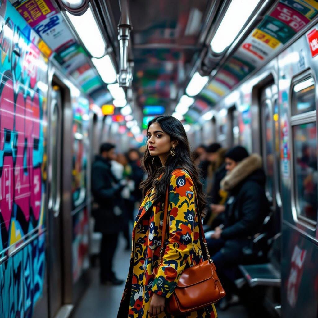 Stylish Indian Girl on NYC Subway in Photographic Style