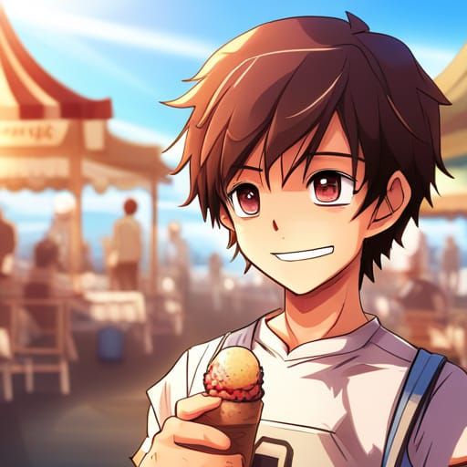Anime Teen Boy Enjoys Ice Cream at Fair