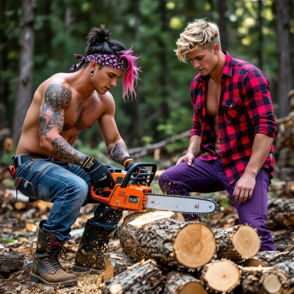 Two Young Men Cutting Firewood in a Rustic Setting