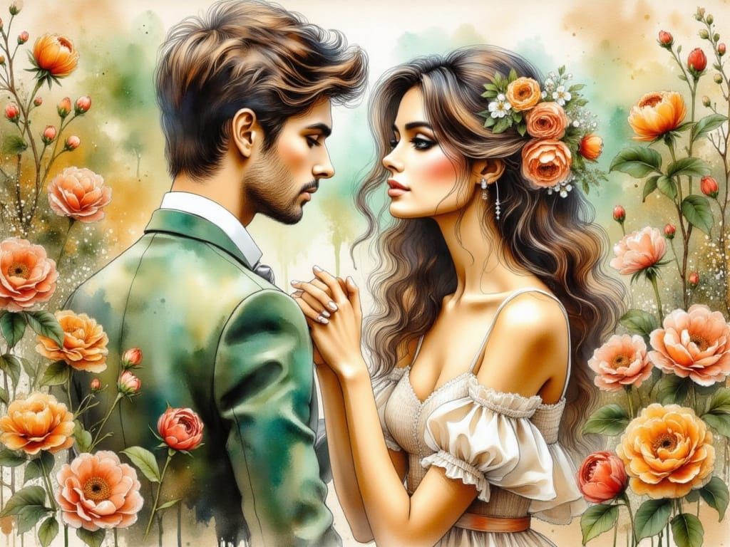 Engagement in a Whimsical Watercolor Garden