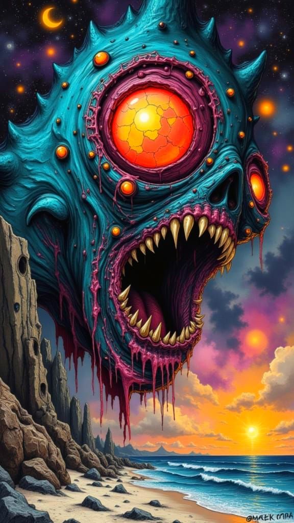Surreal Monster on Neon Celestial Beach