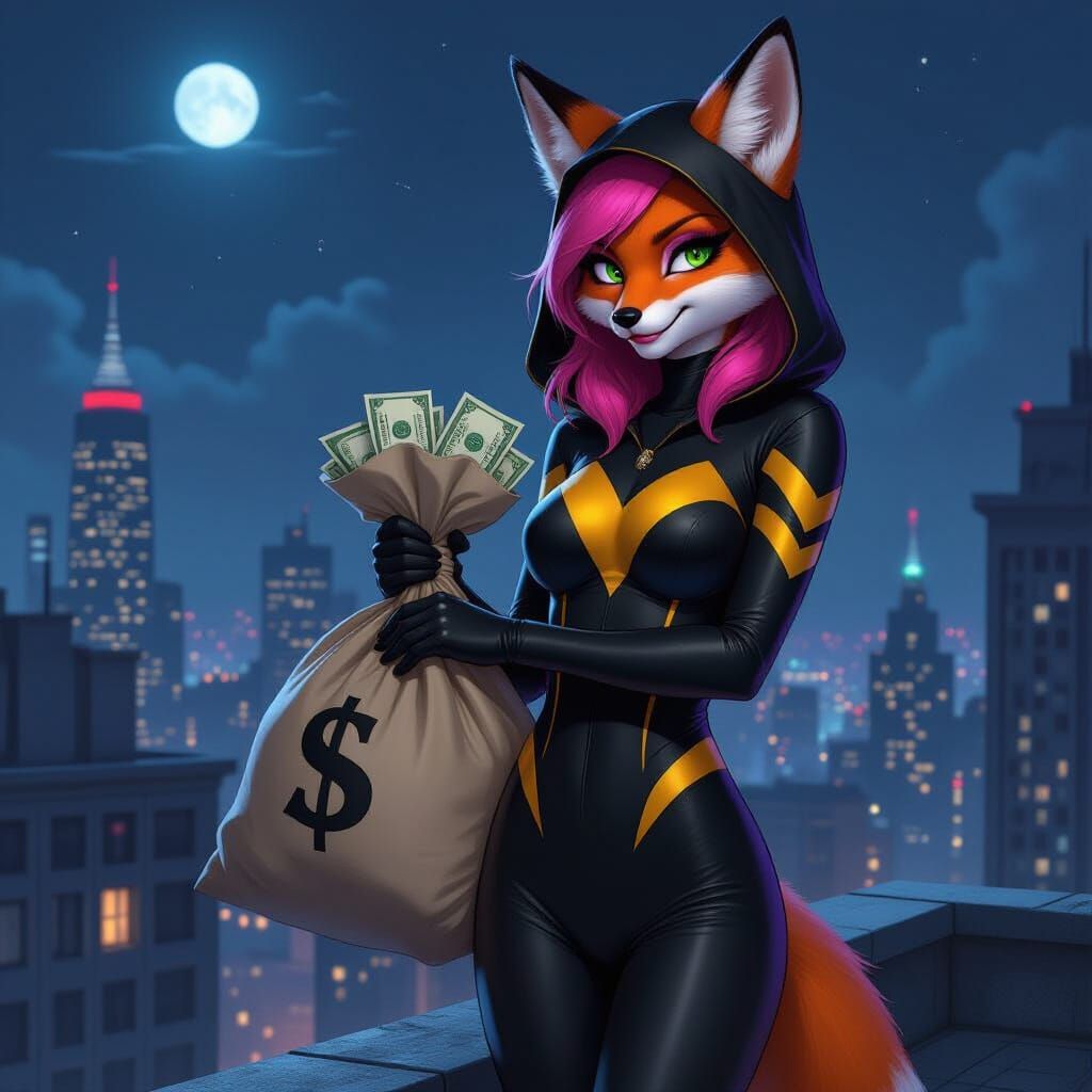 Fox Girl on City Rooftop in Futuristic Noir Style