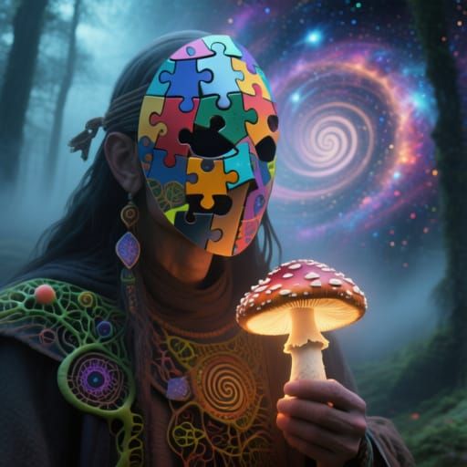 Mystical Shaman with Glowing Mushroom in Cosmic Blend