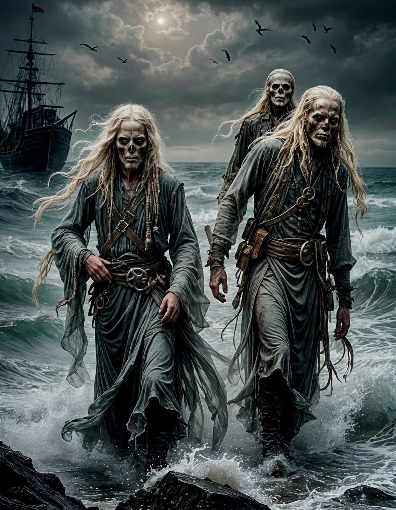 Ethereal Pirates Amidst Ominous Seascape