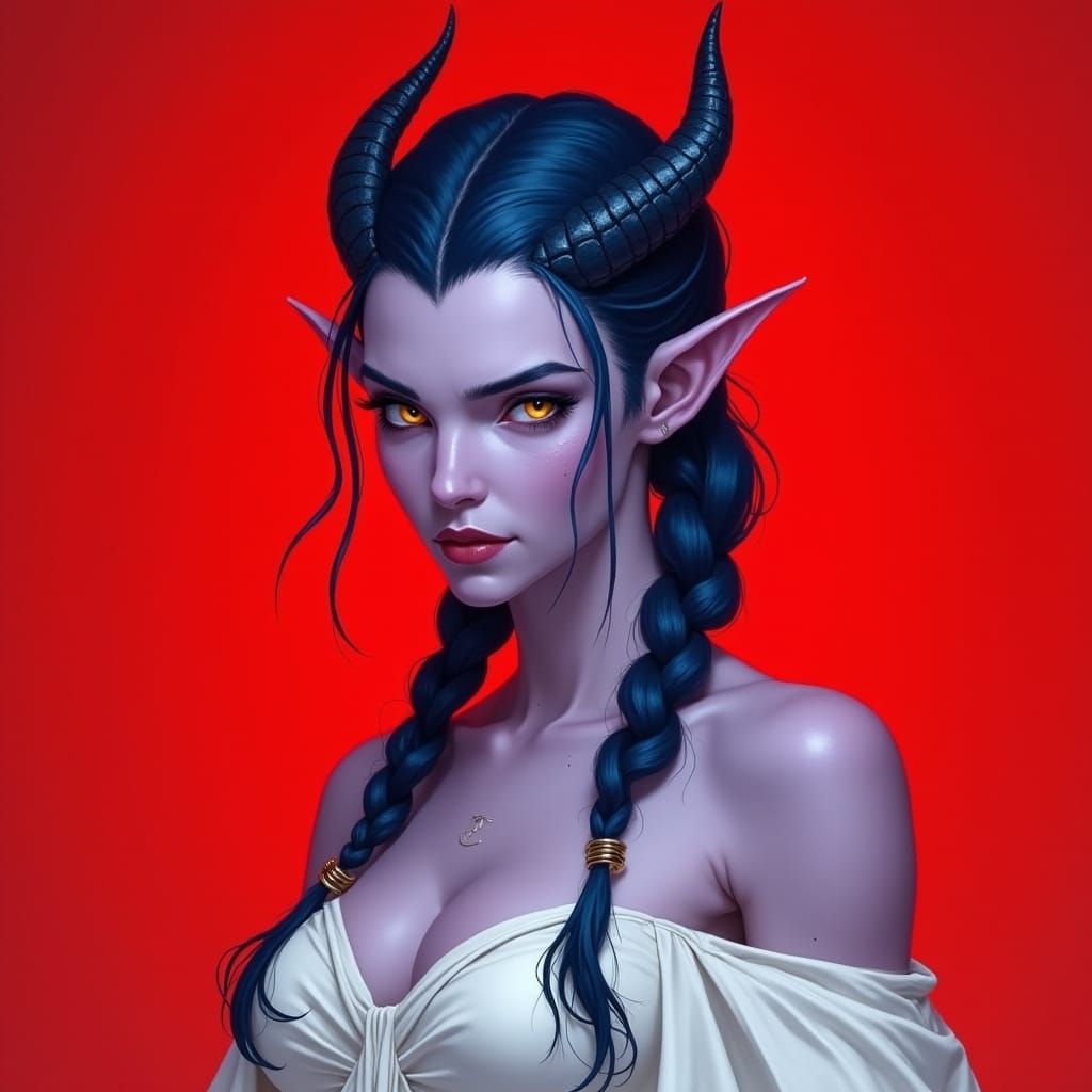 Tiefling Woman Portrait in Dramatic, Emotive Style
