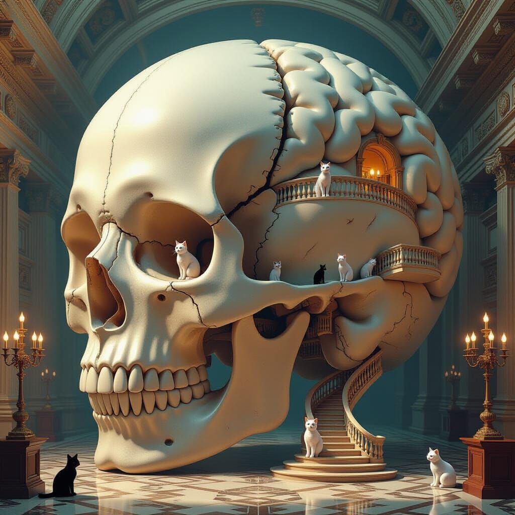 Surreal Canine Skull Hotel Interior with Felines