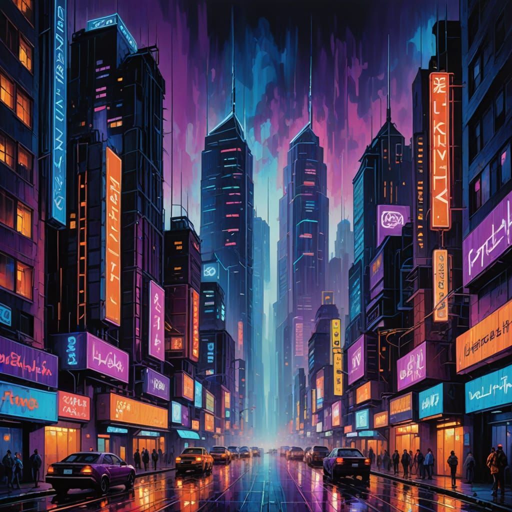 Cyberpunk Cityscape in Vibrant Neo-Expressionist Style