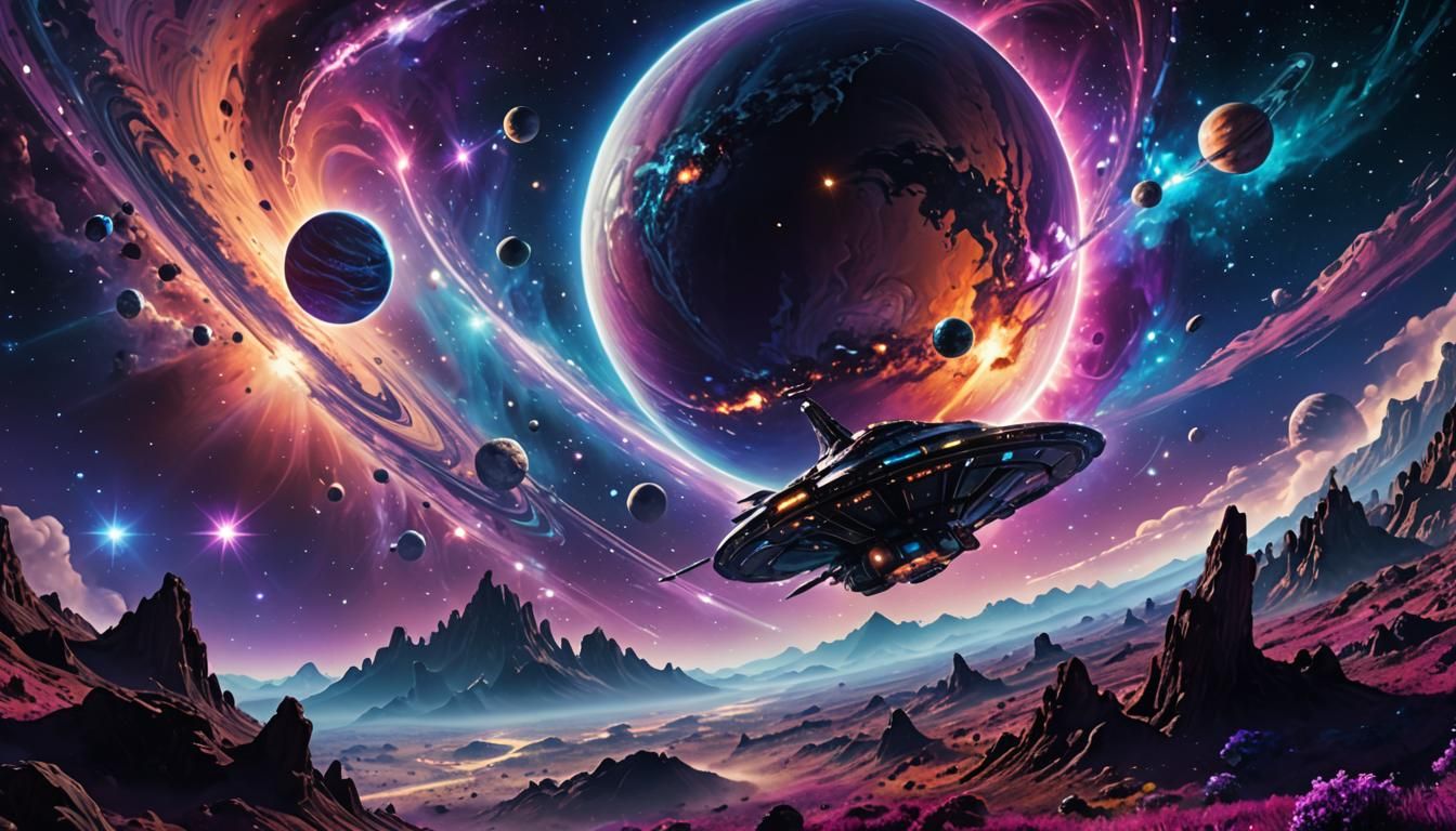Spaceship Passes Exoplanet in Vibrant Digital Art