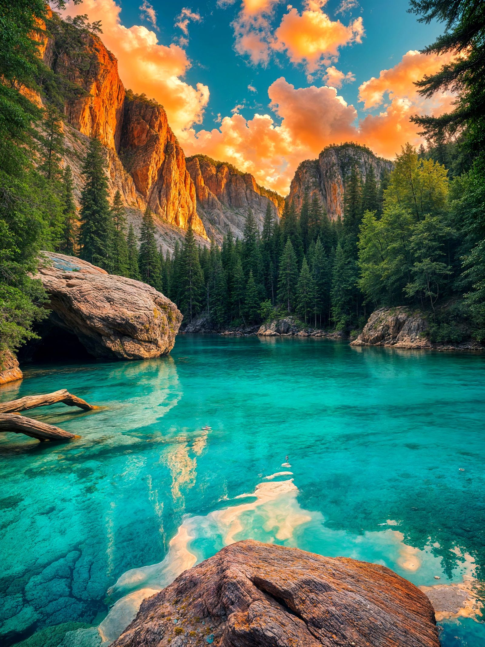 Turquoise Waters Reflecting Red and Gold Sunset