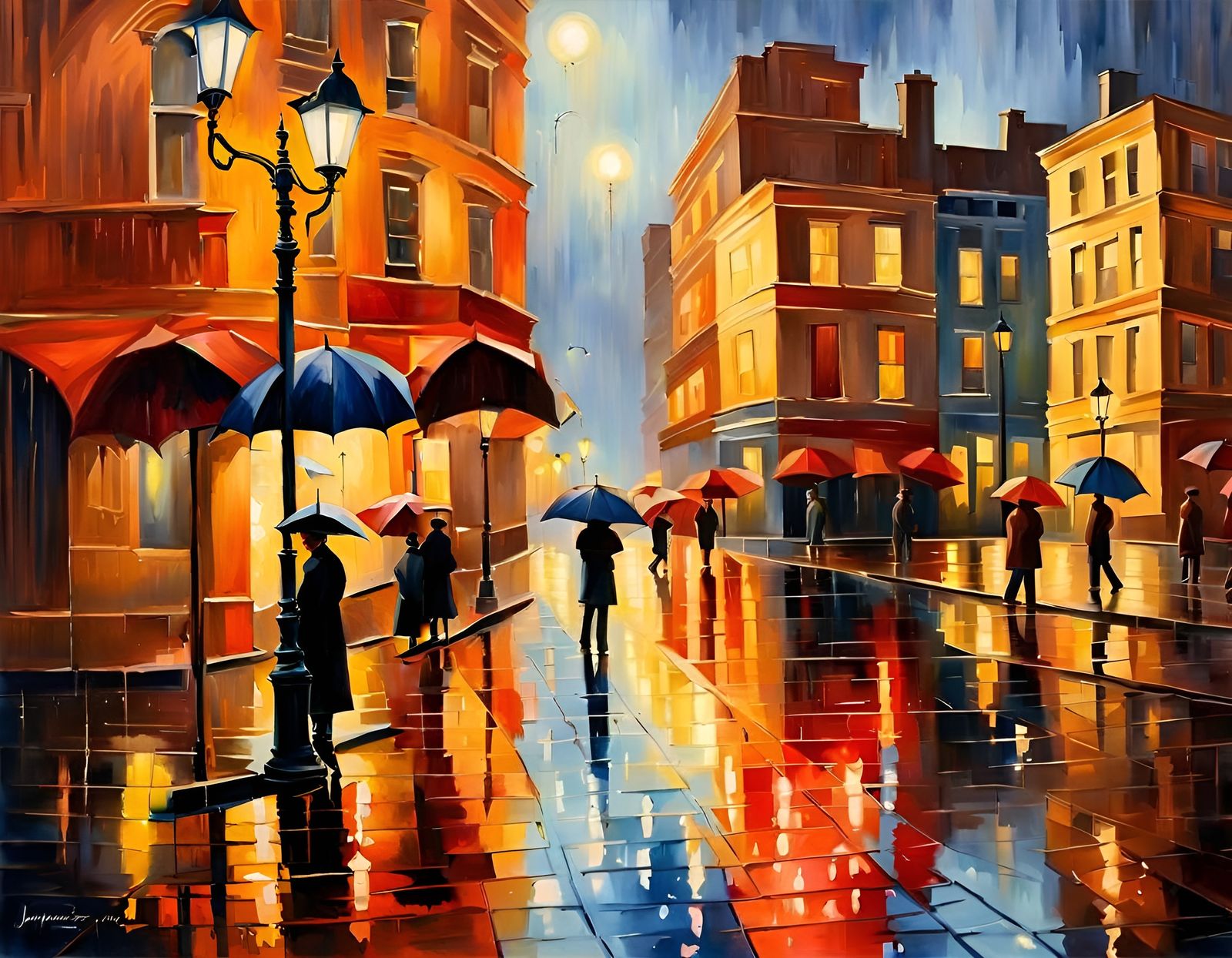 Rainy Street View: Neo-Impressionistic Expressionist Oil Pai...