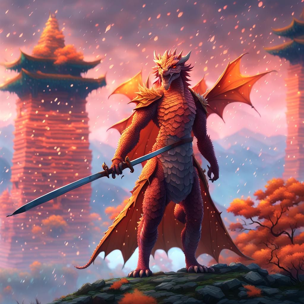 Anime Dragon in Rainy Mountain Landscape