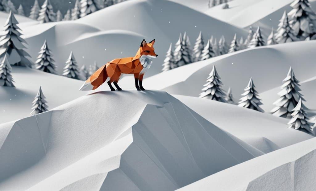Red Fox Origami Papercraft on Snowy Hill