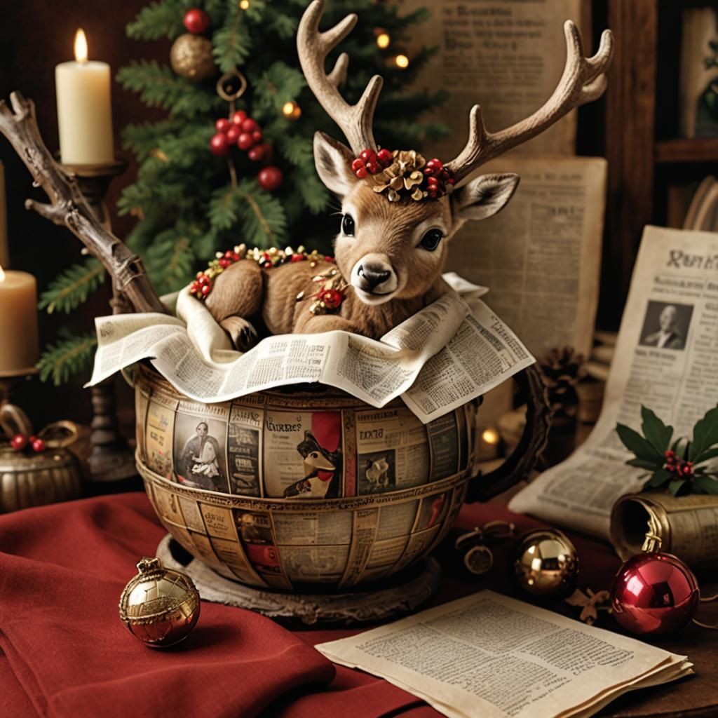 Burtonesque AI Reindeer in Rustic Newspaper Collage