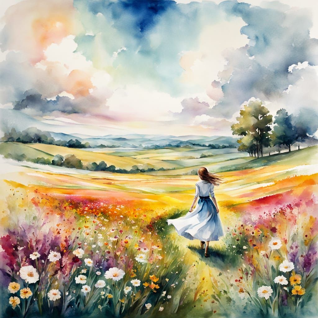 Girl Walking in a Vibrant Floral Wonderland in Watercolor St...
