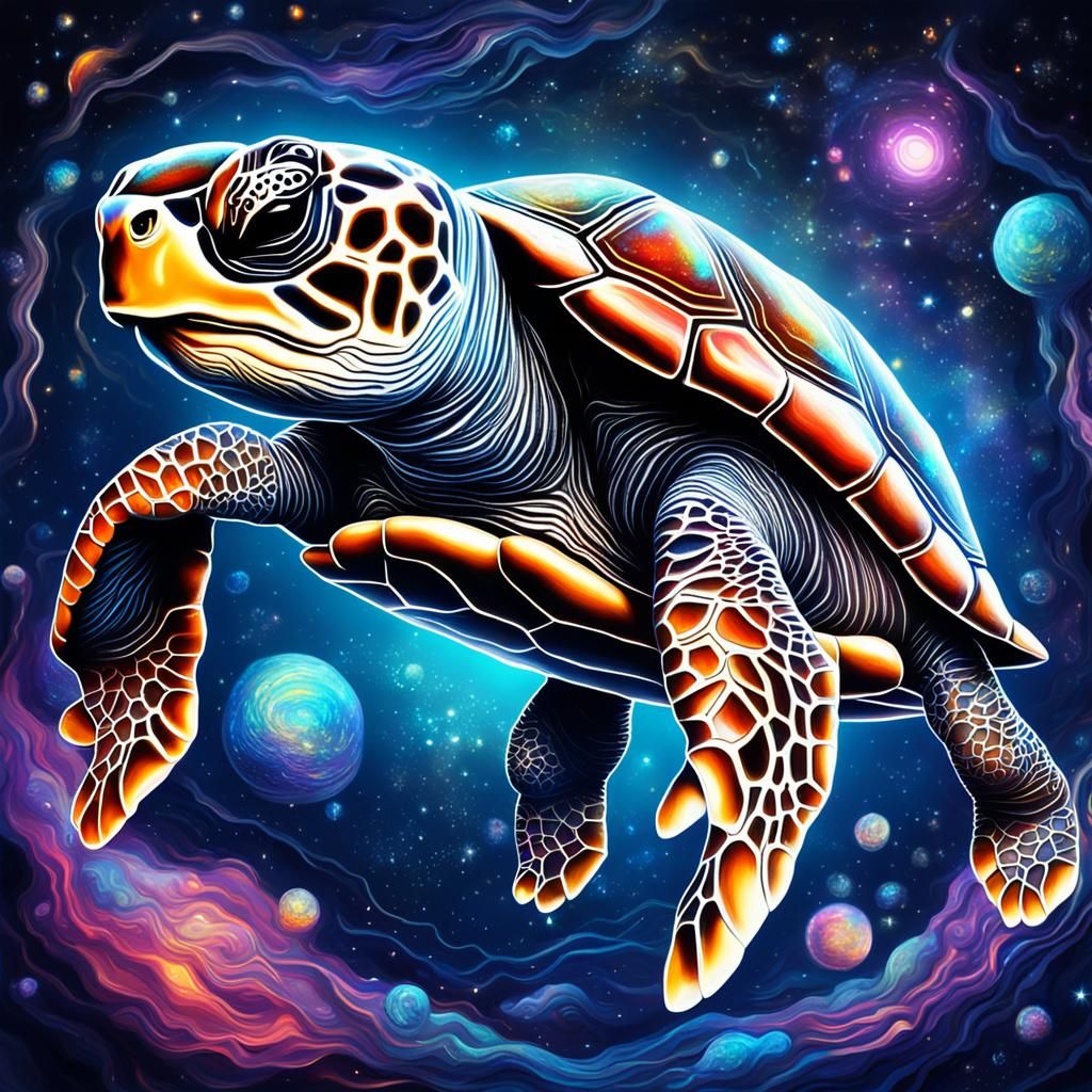 Holographic Baby Turtle in Cosmic Astral Illustration