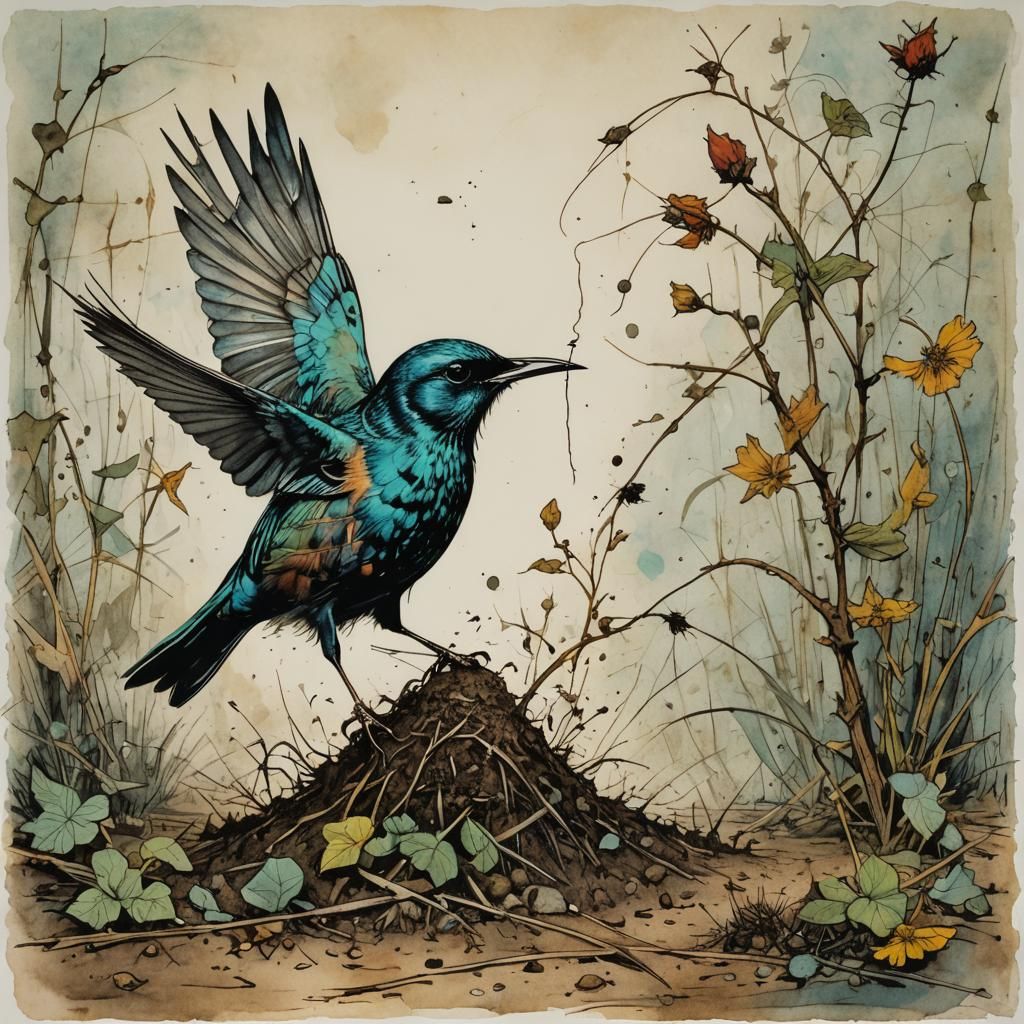 A starling pulling a worm from the ground by Arthur Rackham,...