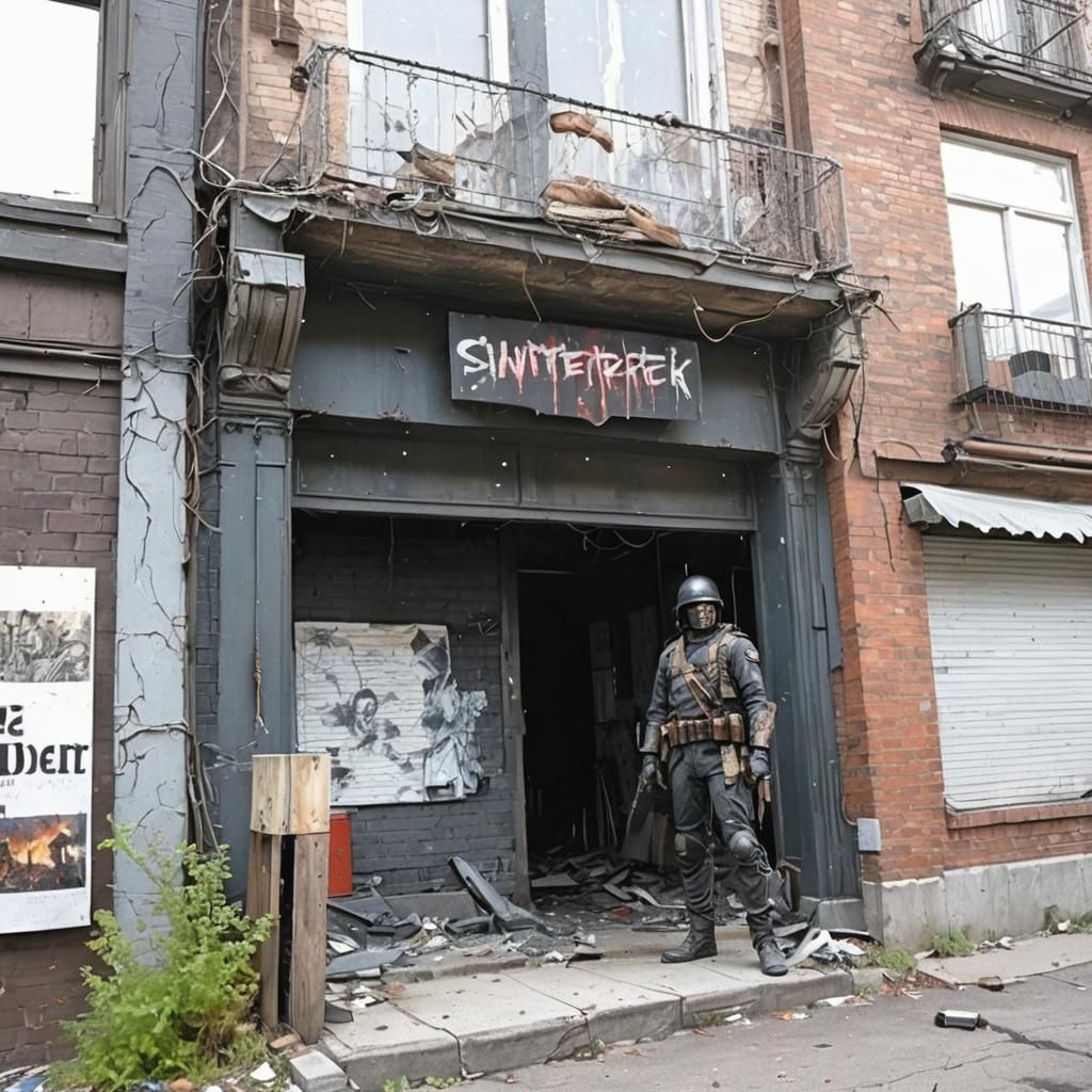 Sinister Urban Battlefield in 80s Comic Style