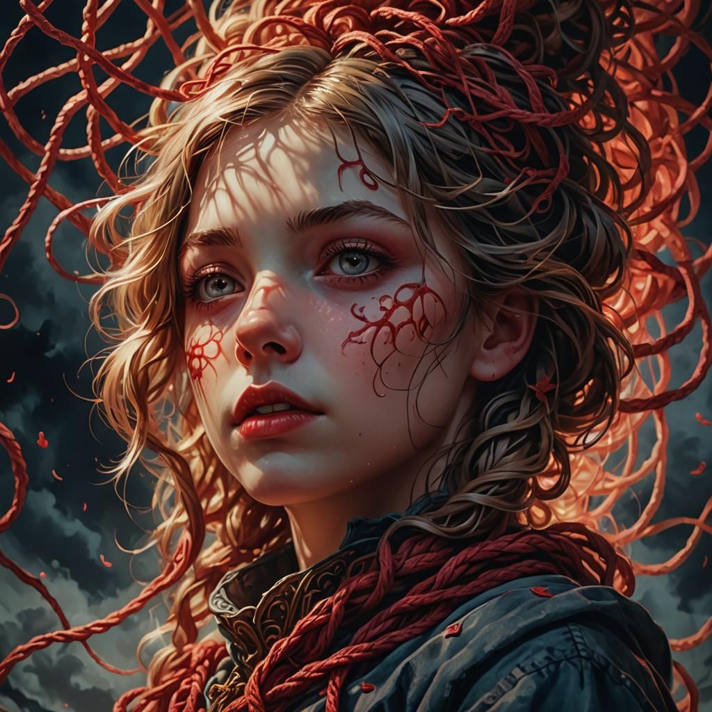 Surreal Girl Tangled in Shoelaces with Magic