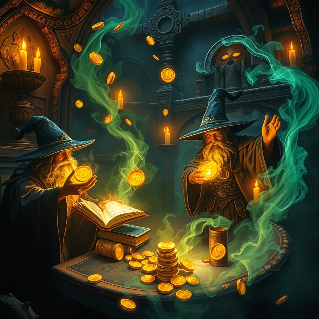 Wizards Conjuring Glowing Gold Coins in a Mystical, Ancient ...