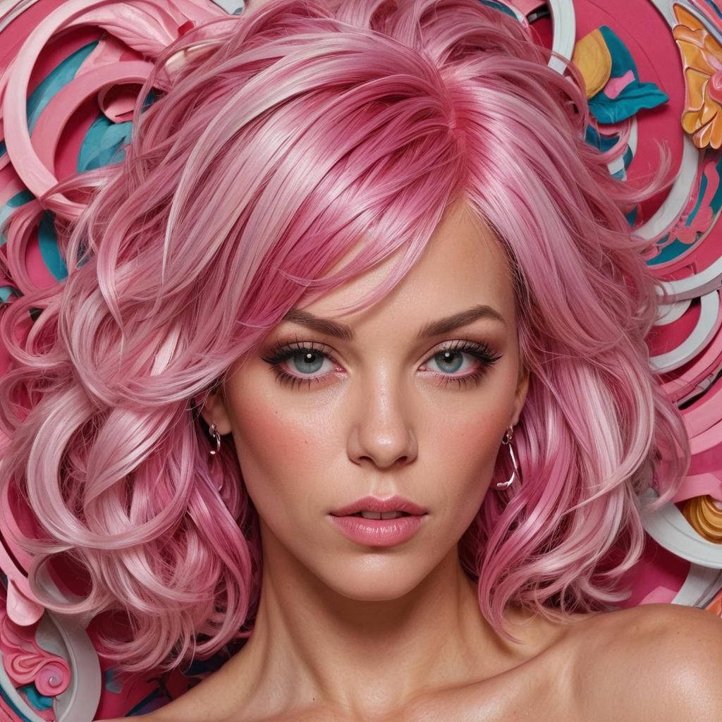 Pink-Haired Woman Portrait in Art Nouveau Style